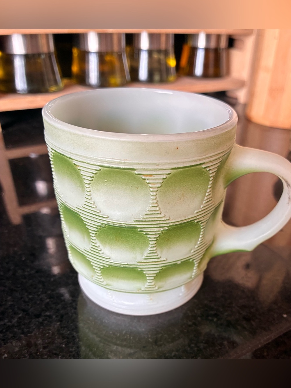 Rare Green Fire King Camelot Thumbprint Coin Dot Pattern Milk Glass Mug